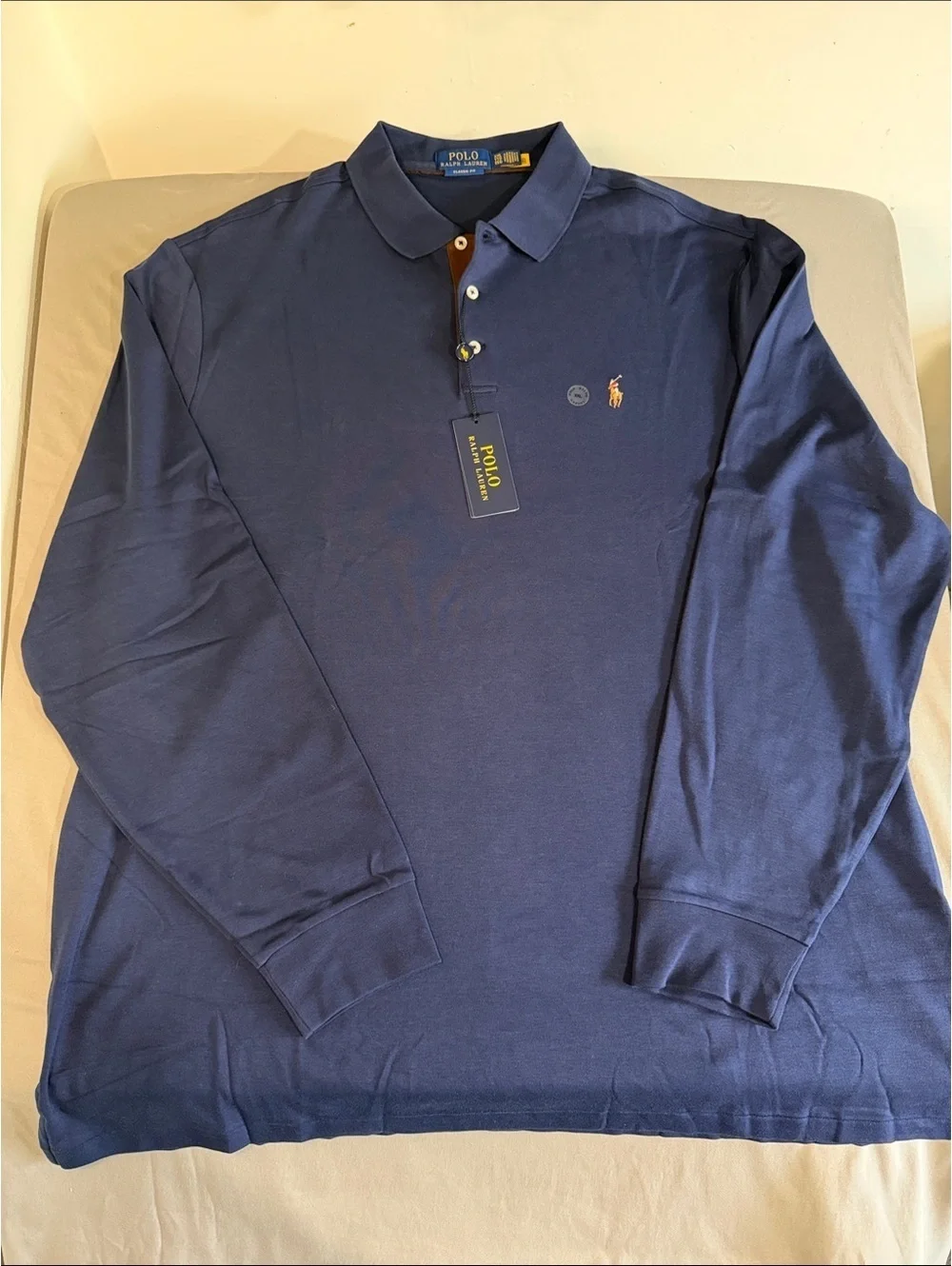 Polo by Ralph Lauren Long Sleeve Polo Shirt - Navy with Tan Accents